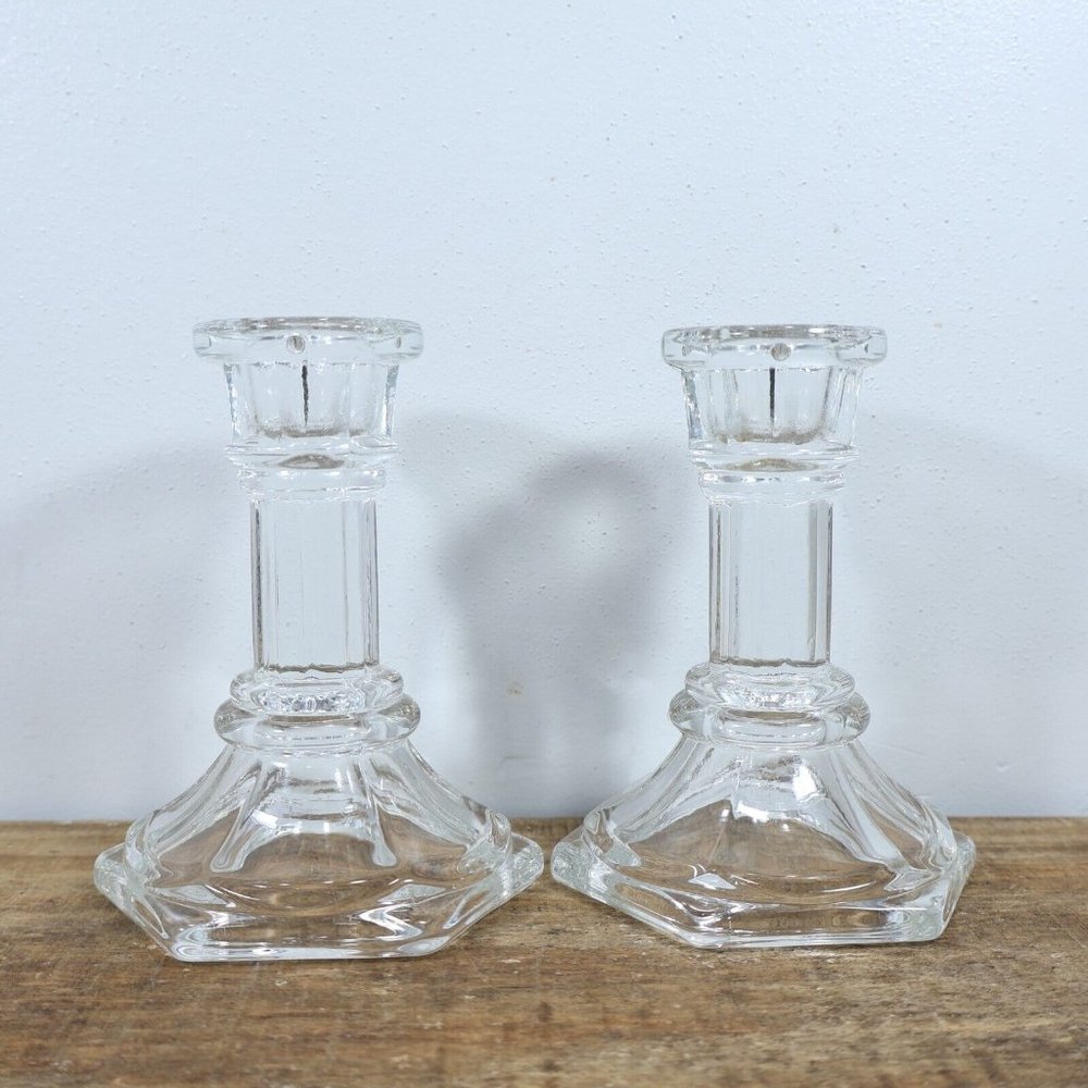 MCM Glass Candle Sticks 4in Tall Hexagon Base Set of 2